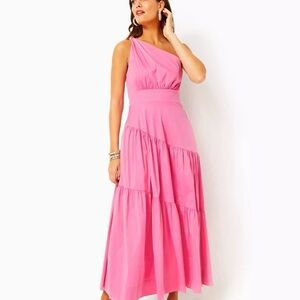 Pink Ruched Tiered One-Shoulder Sundress